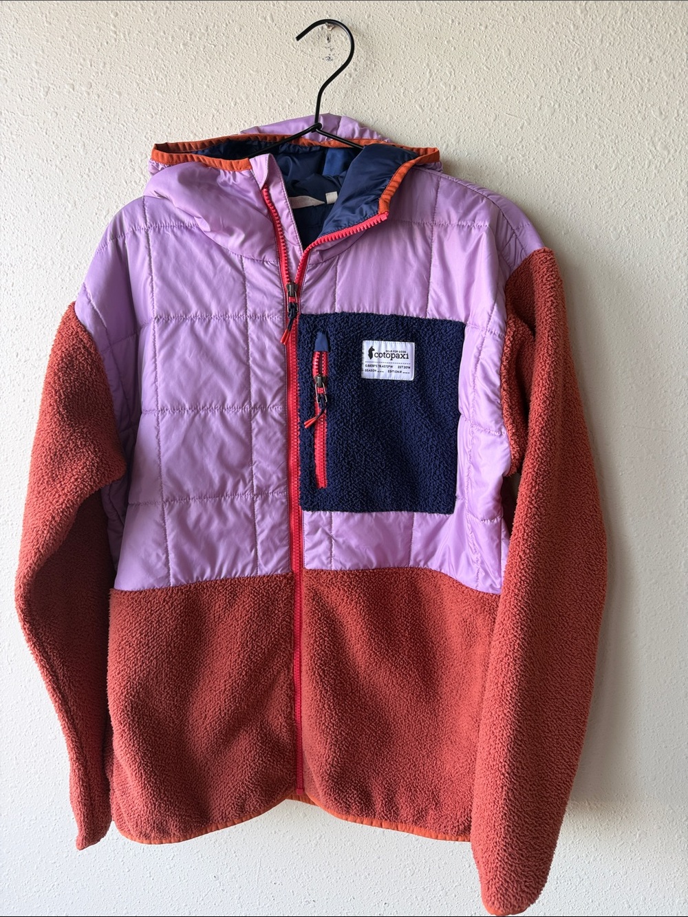 cotopaxi Colorblock Puffer-Fleece Jacket in Lavender, Rust & Navy